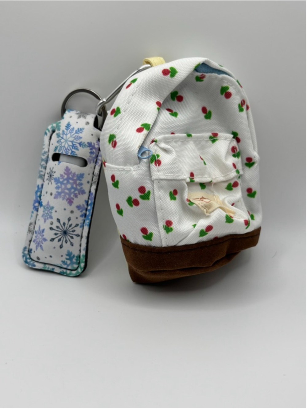Mini Backpack Keychain Cherry Print + Hand Sanitizer Holder Snowflake NWOT - Picture 2 of 4
